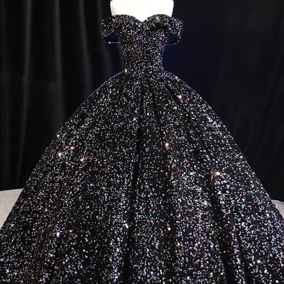 Black sequins off the shoulder prom formal gown