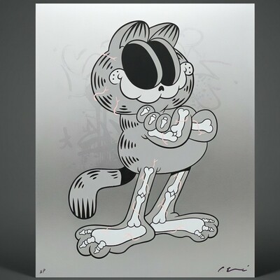 Oversize screen print by cote escriva "creepy garfield metallic silver ed. (2019)"