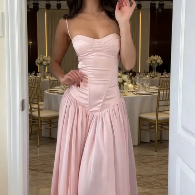 Elegant spaghetti straps chiffon pink long prom dresses formal evening dresses - Thumbnail 1