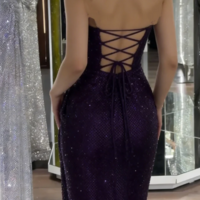 Unique Strapless Dark Purple Sequin Split Prom Dresses - Thumbnail 1
