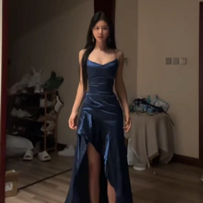 Halter dark blue slit long prom dresses - Thumbnail 1