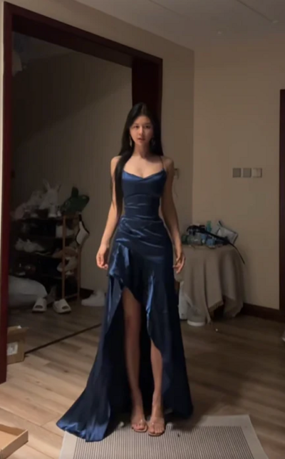 Halter Dark Blue Slit Long Prom Dresses