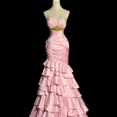 Strapless pink fitted waist tiered skirt party dress - Thumbnail 2