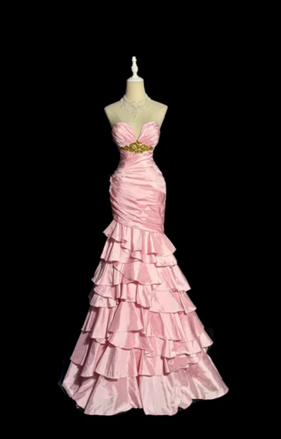 Strapless Pink Fitted Waist Tiered Skirt Party Dress