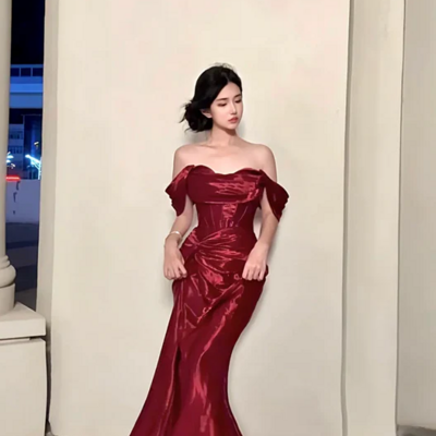 Wine red off-the-shoulder fitted waist sexy prom dress - Thumbnail 1