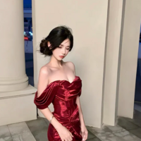 Wine Red off-the-shoulder fitted waist sexy prom dress - Thumbnail 1