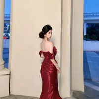 Wine Red off-the-shoulder fitted waist sexy prom dress - Thumbnail 2