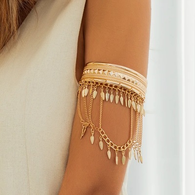 Boho gold upper arm cuff bracelet - tassel coin & leaf armband festival jewelry