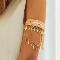 Boho Gold Upper Arm Cuff Bracelet - Tassel Coin & Leaf Armband Festival Jewelry