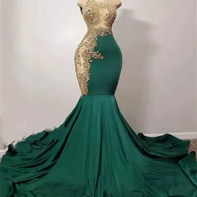 Emerald green mermaid african prom dress for black girl gold applique diamond crystal gillter skirt evening formal gown 