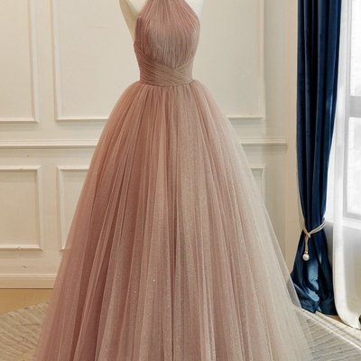 Pink tulle long a-line prom formal dress