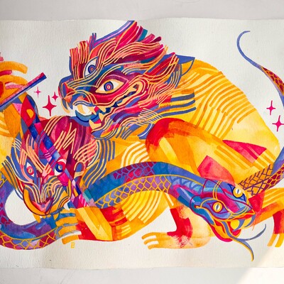 “sword in the neck while hunting a snake” original painting
