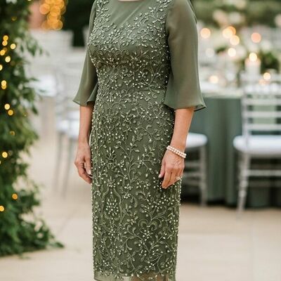 Oliver green chiffon lace tea-length mother of bride /groom dresses evening formal gown，2004