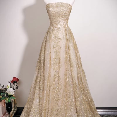 Gold tulle sequins long prom party dress
