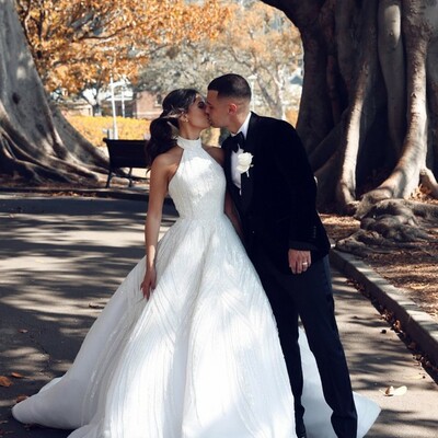 Luxurious ball gown hlater high neck backless sequins wedding dresses with pockets，2007