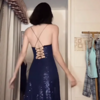 A Line Spaghetti Straps Navy Blue Sequin Prom Dress with Slit - Thumbnail 1