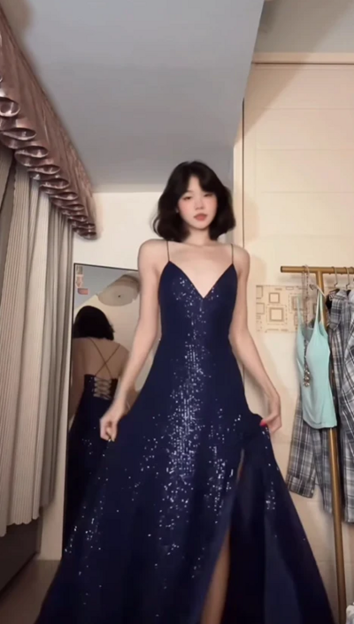 A Line Spaghetti Straps Navy Blue Sequin Prom Dress with Slit