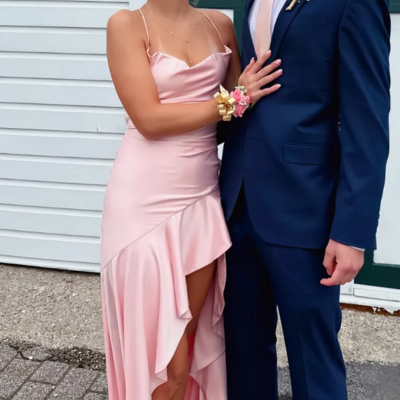 Spaghetti straps cowl neck ruffles slit pink satin prom dresses - Thumbnail 2