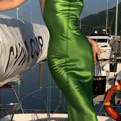 Sheath green stain tea length backless prom dress  - Thumbnail 2