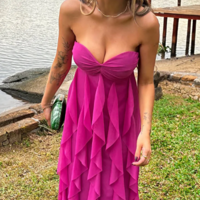 Strapless fuchsia chiffon sweetheart long prom dress wedding guest dresses - Thumbnail 2