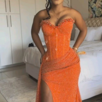 Elegant Mermaid Orange Sequin Long Evening Dresses with Slit  - Thumbnail 1