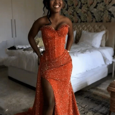 Elegant mermaid orange sequin long evening dresses with slit 