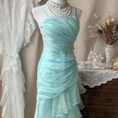 Spaghetti straps ruffle long prom dress formal evening dresses - Thumbnail 2