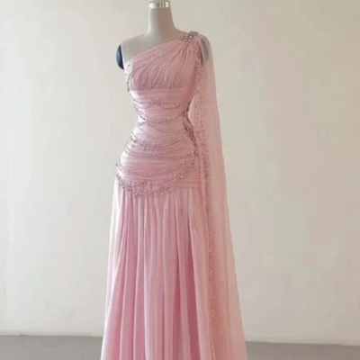 One shoulder a line pink chiffon prom dress with beading