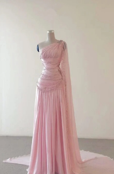 One Shoulder A Line Pink Chiffon Prom Dress With Beading