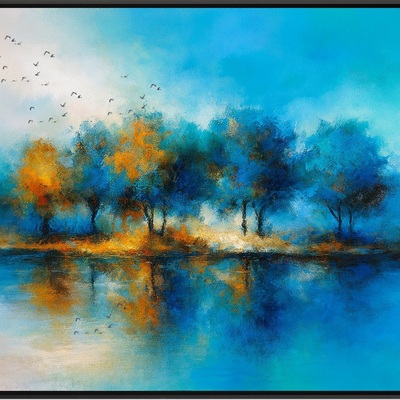 Blue and orange forest reflections landscape wall art print