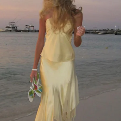 Halter yellow two piece satin formal prom dress