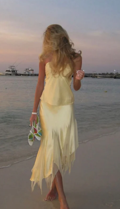 Halter Yellow Two Piece Satin Formal Prom Dress