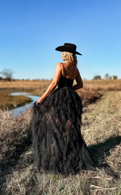 Spaghetti Strap Corset Ruffle Black Lace Long Evening Dress with Slit