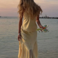 Halter Yellow Two Piece Satin Formal Prom Dress - Thumbnail 4