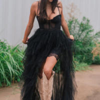 Spaghetti Strap Corset Ruffle Black Lace Long Evening Dress with Slit - Thumbnail 1
