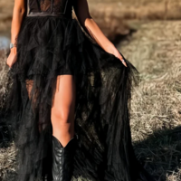 Spaghetti Strap Corset Ruffle Black Lace Long Evening Dress with Slit - Thumbnail 3