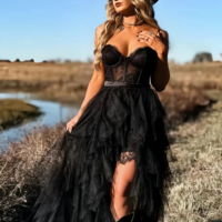 Spaghetti Strap Corset Ruffle Black Lace Long Evening Dress with Slit - Thumbnail 4
