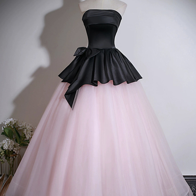 Black satin and pink tulle long prom party dress