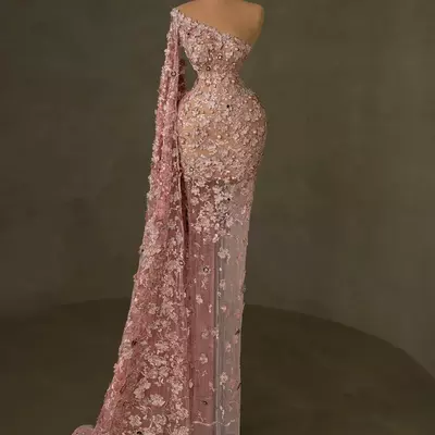 Elegant prom dress sexy one-shoulder lace bridal gowns flower appliques brush train robe vestido de noiva plus size customized