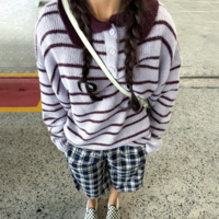Pastel Purple Violet Stripe Lapel Button up Pullover Knit Sweater - Thumbnail 1