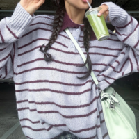 Pastel Purple Violet Stripe Lapel Button up Pullover Knit Sweater - Thumbnail 2