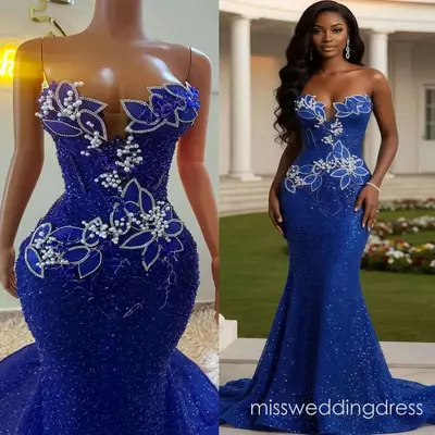Royal blue prom dress mermaid evening for black women beaded lace crystals floral sweetheart sequined birthday receiption dress