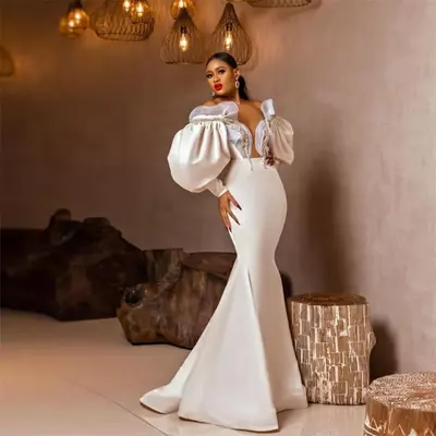 Graceful mermaid evening dresses beads puffy long sleeves party pageant gowns women prom dress floor length robe de sorie
