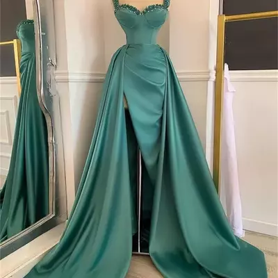 Sexy turquoise sheath prom dresses sweetheart high side split beaded crystals open back pleats floor length formal party gowns
