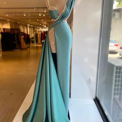 Sexy turquoise mint sequined lace prom dresses deep v neck illusion crystal beads high side split floor length satin mermaid party evening dress