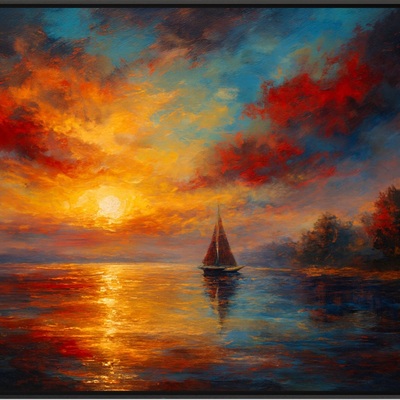 Sunset sailboat art print on vibrant horizon