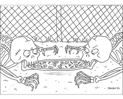 ‘Two Skeletons Fighting Over A Pizza’ Original Illustration