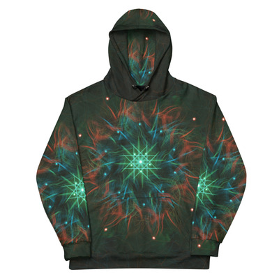 Neon starburst fractal  glowing green and electric design unisex hoodie