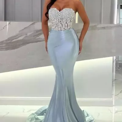 Gorgeous light sky blue black mermaid evening dresses sexy sweetheart appliques beads women occasion party vestidos prom dress