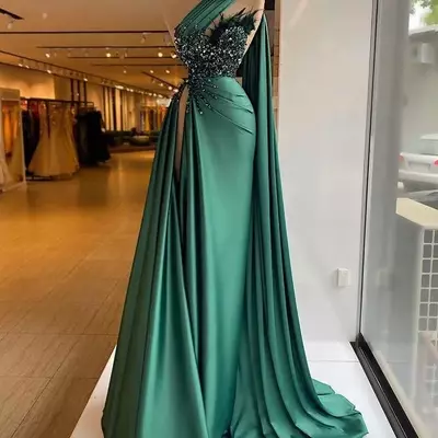 Dark green prom dresses with feather high neck one shoulder crystal sequins beads high side split floor length sheath party dress evening dress